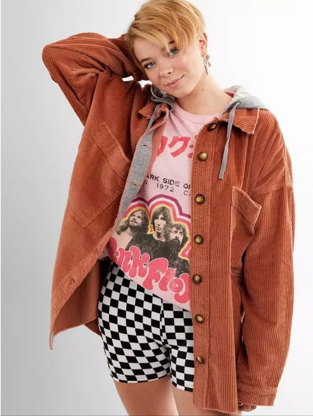 The Buckle Corduroy Shacket with Hood - Rust Distressed Grunge Skate Indie